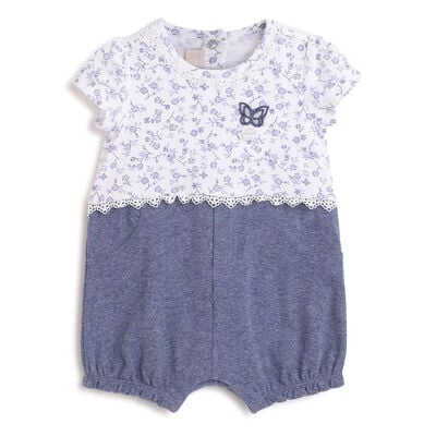 Girls Dark Light Blue Printed Short Sleeve Rompers